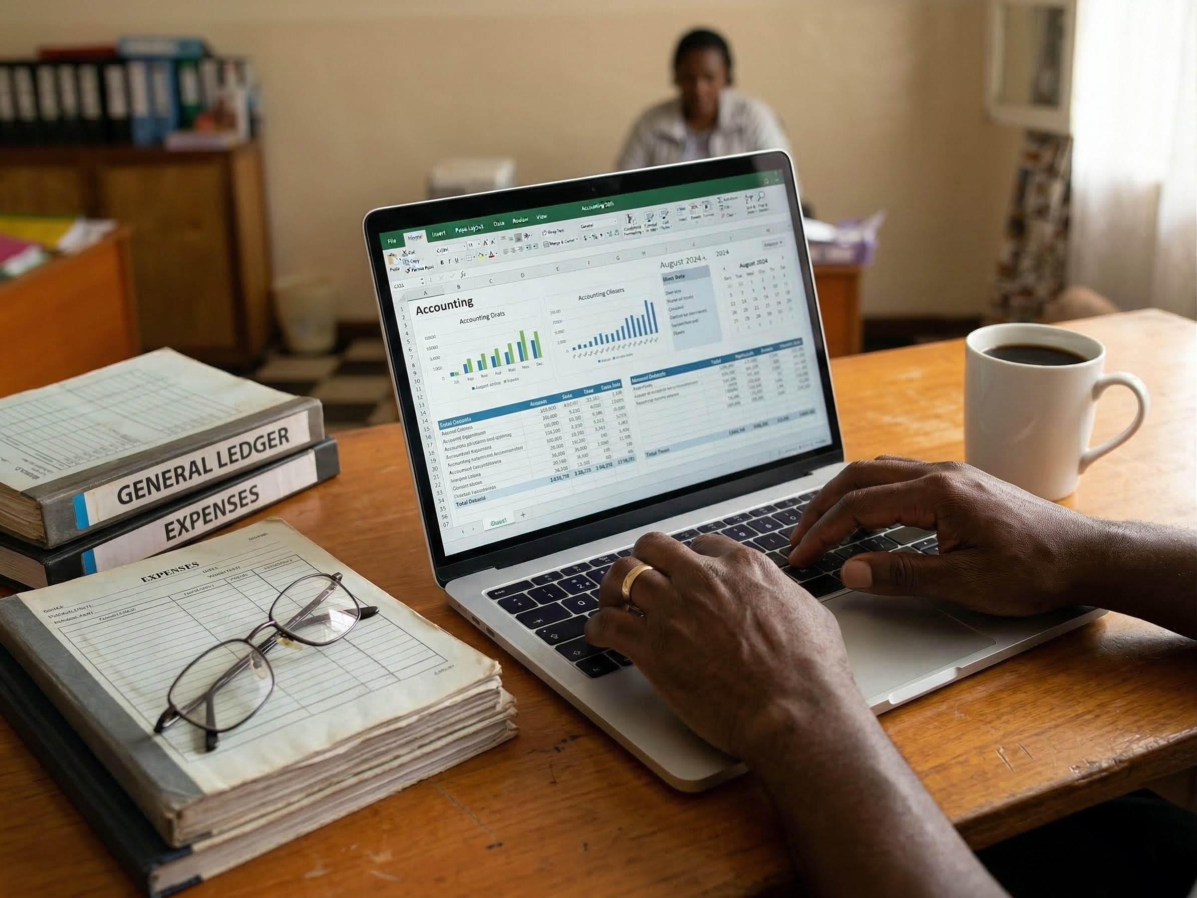 Professional accounting work — ledgers, spreadsheets and coffee on a desk